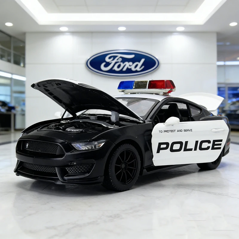 

Машинка-модель Ford Shelby GT350 Police из сплава, масштаб 1:32, литая, металлическая, со звуком и светом, игрушка для детей