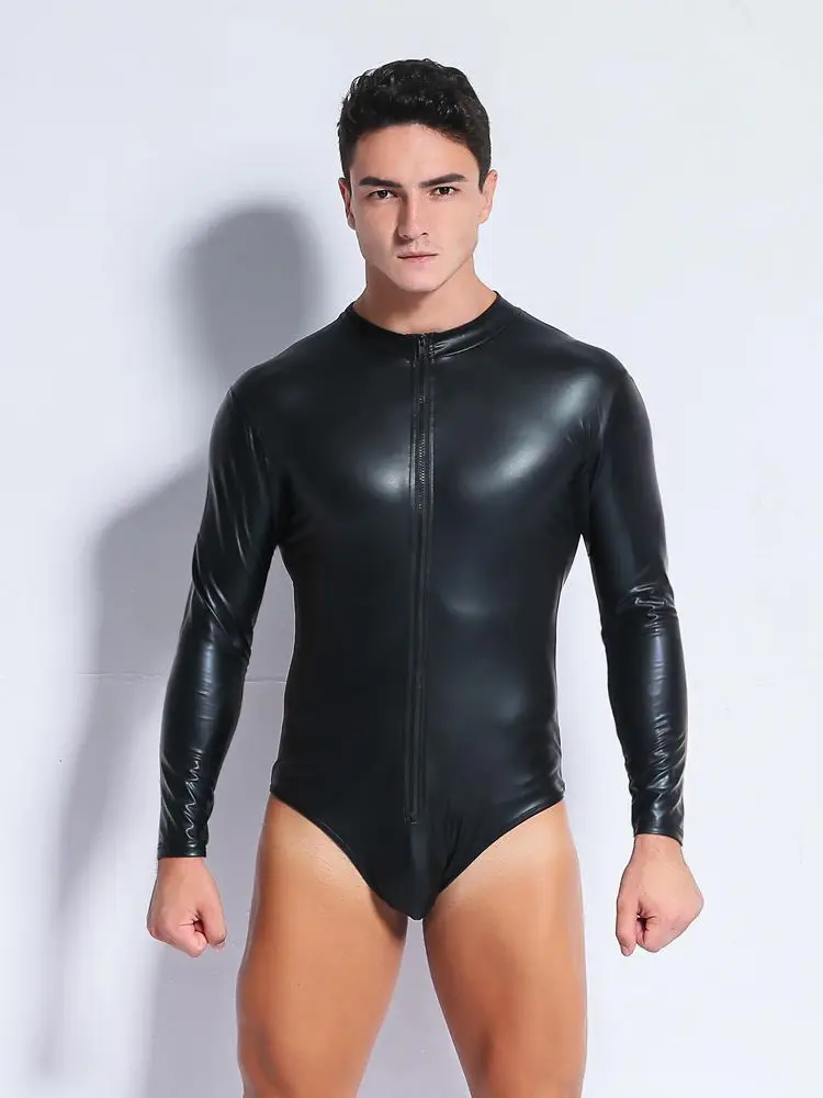 Long Sleeve Shiny PU Leather Bodysuit Zipper Hot Shapers Men Body Tops Shirts One Piece Gothic Tights Clubwear Tshirt Leotard