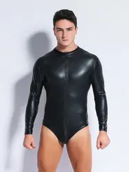 Long Sleeve Shiny PU Leather Bodysuit Zipper Hot Shapers Men Body Tops Shirts One Piece Gothic Tights Clubwear Tshirt Leotard