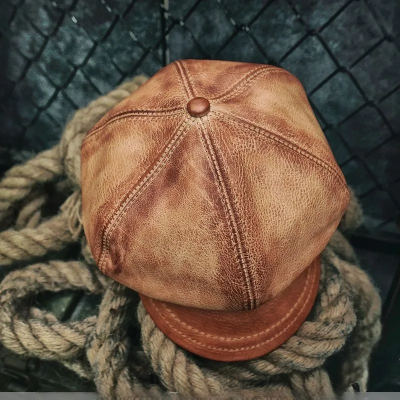 

Genuine Leather Octagonal Cap Newsboy Bakerboy Autumn Winter Motorcycle Painter's Hat Unisex