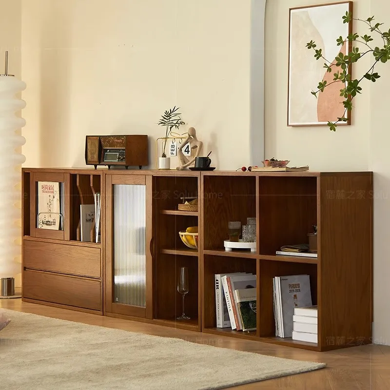 Nordic solid wood bookcase combination living room storage display cabinet dining room floor-to-ceiling dishes cabinet