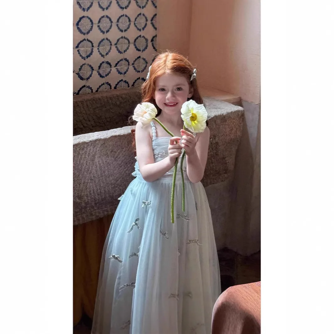 

Платье на день рождения для девочек, лето 2021, новый стиль, корейская версия, платье с бантом и бабочкой, сетчатое детское красивое платье принцессы