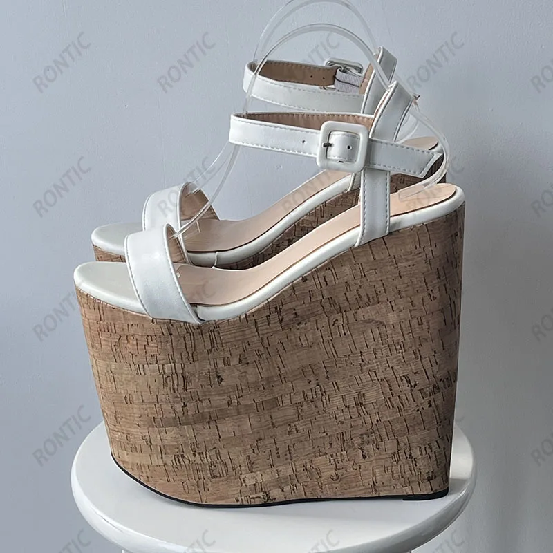 Rontic Handmade Women Summer Platform Sandals Wedges High Heels Round Toe Elegant White Party Shoes Ladies US Plus Size 4-15