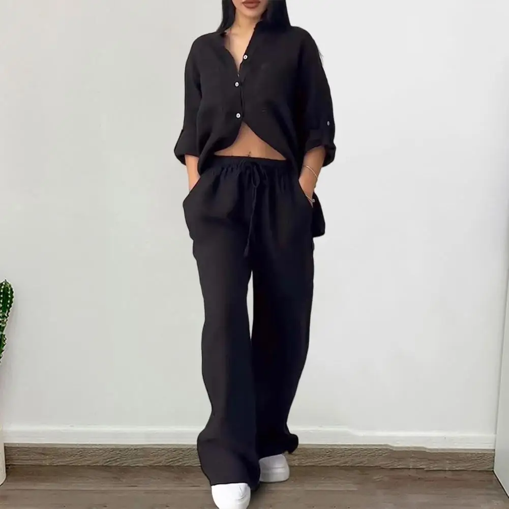 Blouse Pants Set 2 Pieces/set Home Solid Color Stand Collar Long Sleeve Blouse Wide Leg Elastic Waist Loose Suit