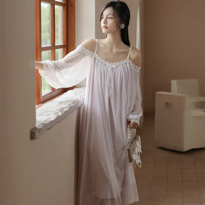 Slash Neck Women's Sexy Nightdress Solid Summer Long Sleeve Ladies Nightgown Sleepwear Princess Lolita Nigth Dress for Female