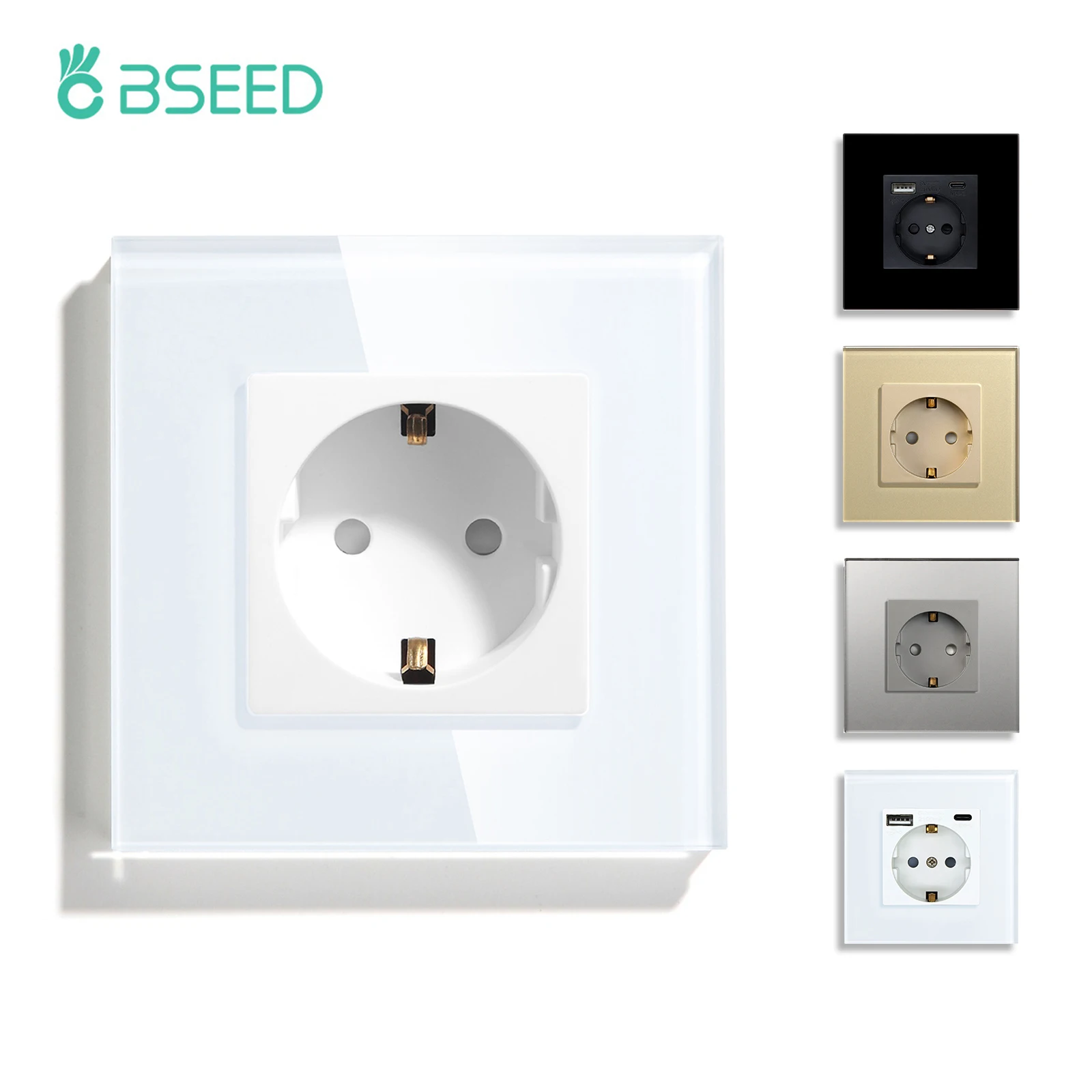 BSEED EU Standard Single Wall Socket Double Power Plugs With White Black Crystal Glass Panel Triple Outlets 16A 110V-250V