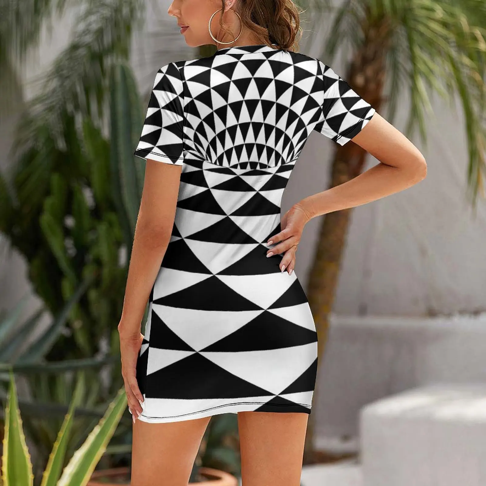 Abstract Optical Illusion Triangle Portal (Black/White) Short-Sleeved Dress summer women's suit Dresses for wedding party Dress