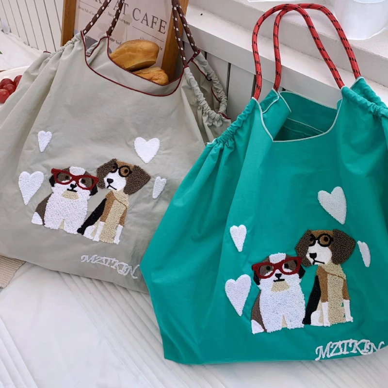 Borse per la spesa ricamate da donna Oxford Cartoon Dogs Handbag borsa ad alta capacità borsa a tracolla in tela da donna