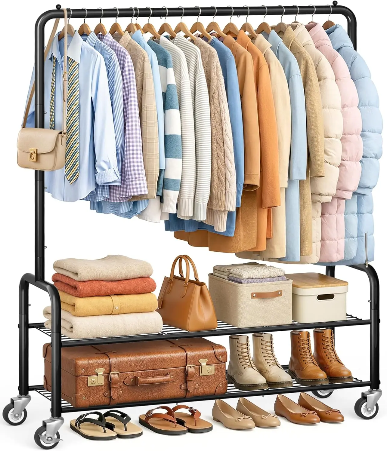 

Heavy Duty Clothes Rack with Shelves, 46.5'' Metal Rolling Clothing Racks for Hanging Clothes, Wardrobe Garment Rack with Loc