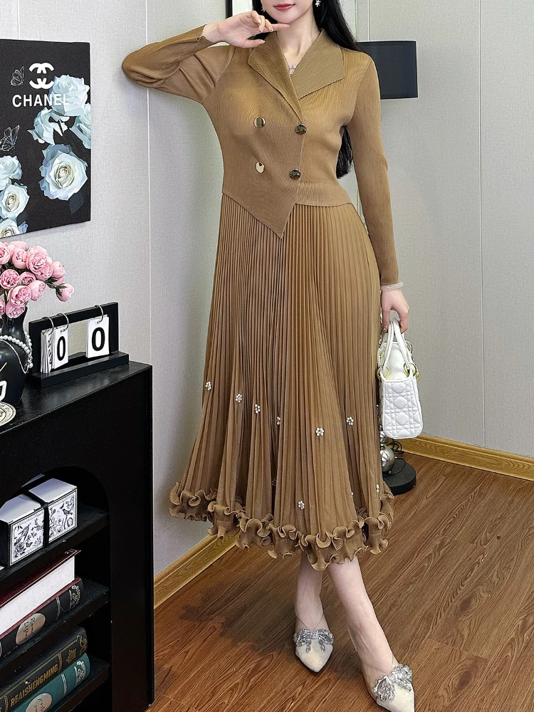 EGRM Miyake Pleated Long Dress Autumn Hot Sale Women's Double Breasted Waist Cinching Slimming High-end Stylish Versatile Skirt - Image 6