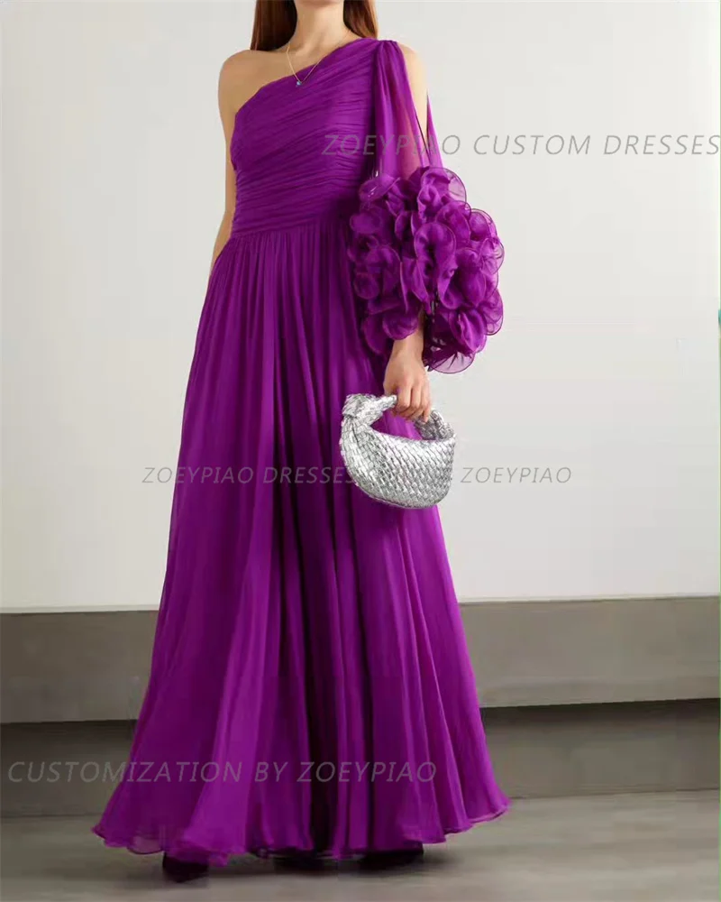 Purple Silk Chiffon Prom Dresses Saudi Arabic Women Pleats One Sleeve Floor Length Evening Gowns Formal Party Dress Celebrity