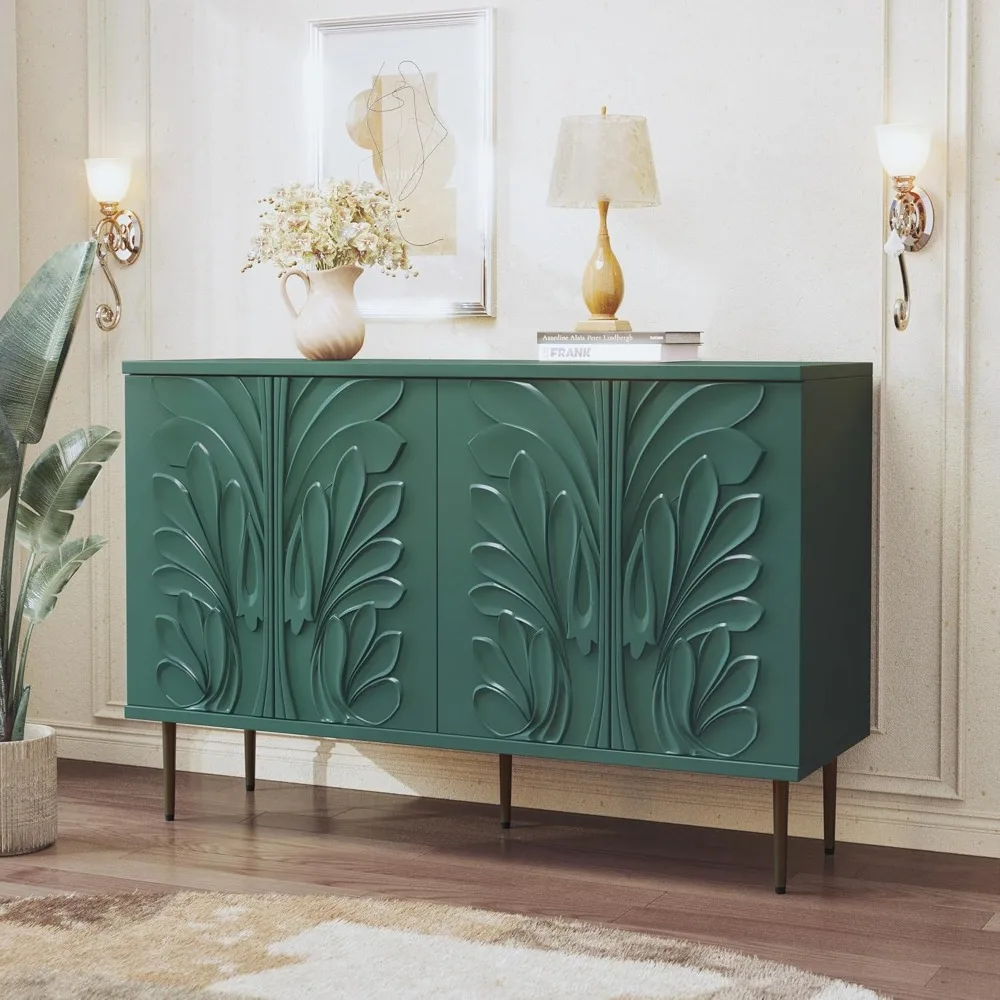 Sideboard Buffet Cabinet with 3D Flower Pattern, Accent Cabinet with 4 Doors & Adjustable Shelves, Wood Decorative Credenza