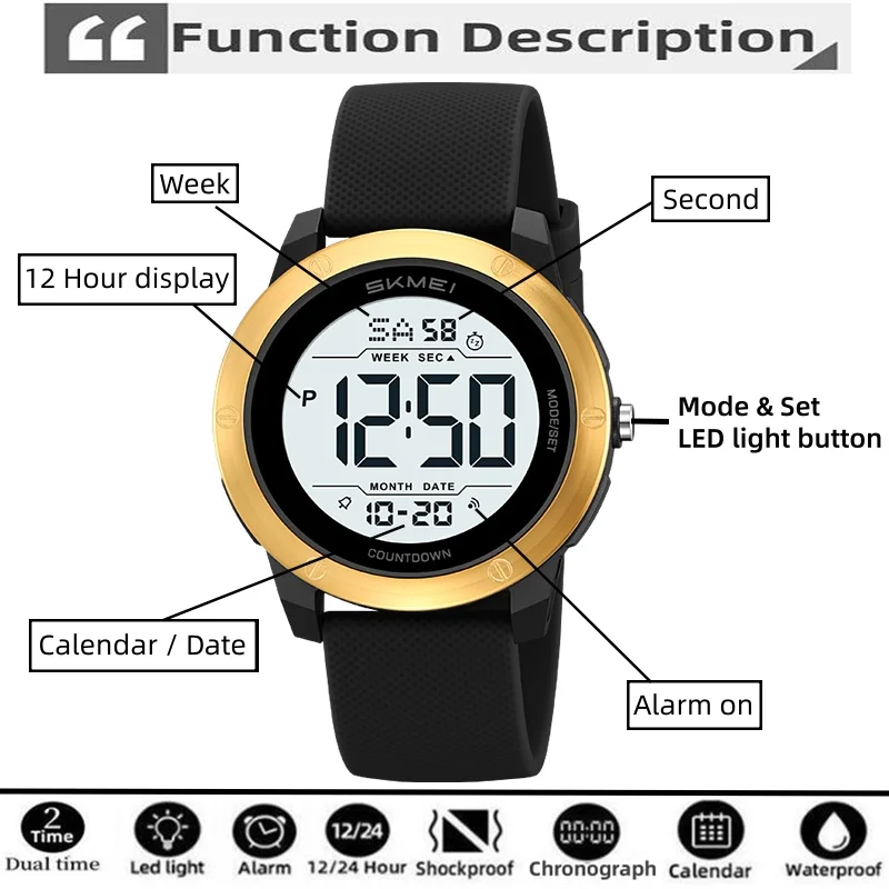 Skmei Waterproof Swimming Digital Watches for Mens 12 24 Hour Display LED Chronograph Fashion Silicone Strap Sports Dual Time