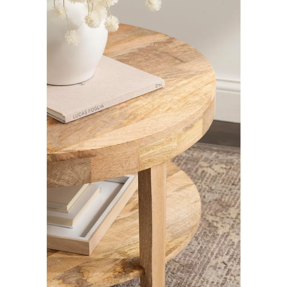 طاولة قهوة مستديرة حديثة متدرجة، 28 × 28 × 18، خشب طبيعي، غرفة معيشة دائرية انتقالية من طبقتين T #5