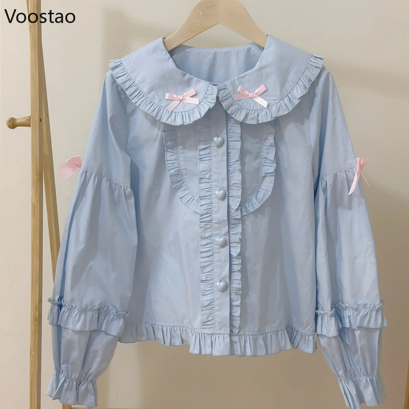 Japanese Sweet Lolita Style Shirts Women Kawaii Bunny Ear Peter Pan Collar Bow Blouses Girls Casual Y2k White Long Sleeves Tops