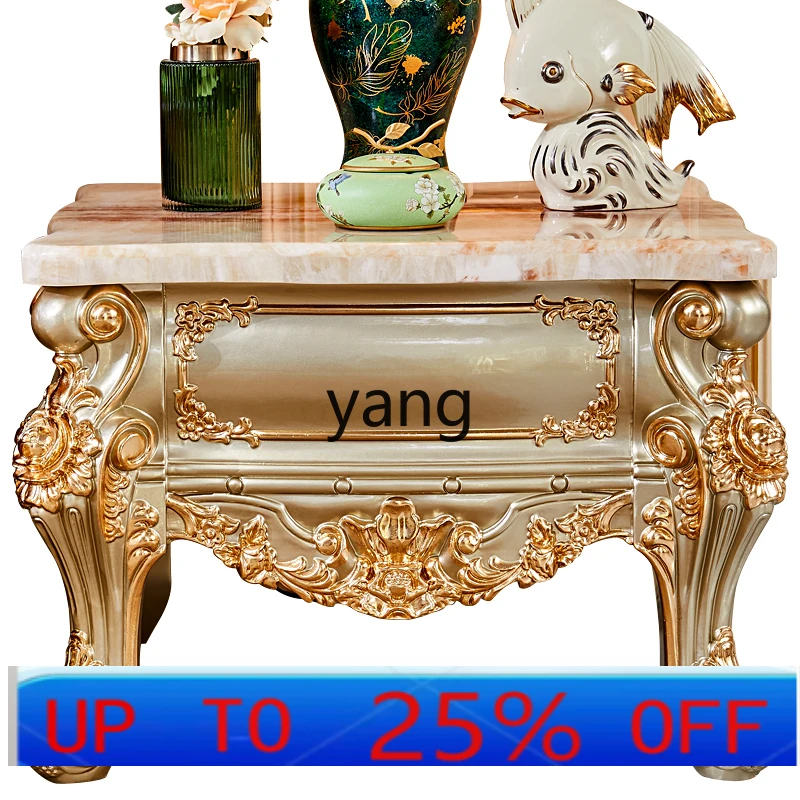 

LMM American luxury solid wood carving flower drawer corner few living room locker champagne gold side table