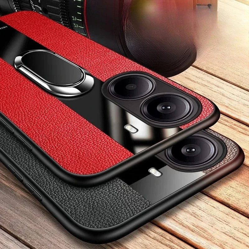 プレキシガラス Pu レザーケースポコ F7 X7 プロ F7 ウルトラ Redmi ターボ 4 プロ磁気金属リングスタンド耐衝撃保護バックカバー