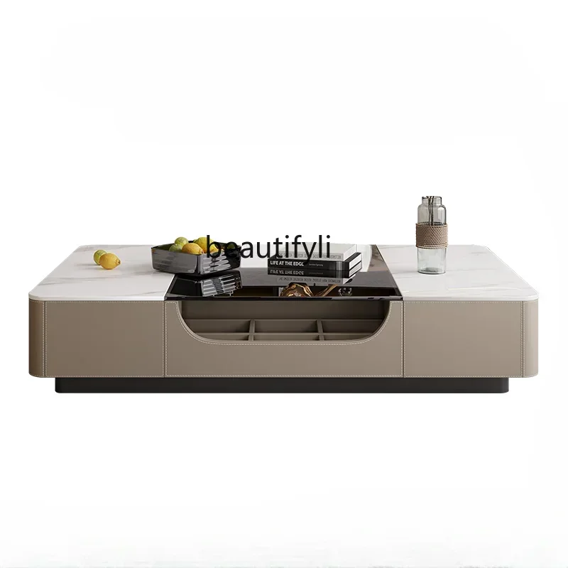 

CC182R Легкий роскошный кожаный чайный столик с седлом для дома, гостиной, высококачественный прямоугольный многофункциональный чайный столик из цельного дерева для хранения