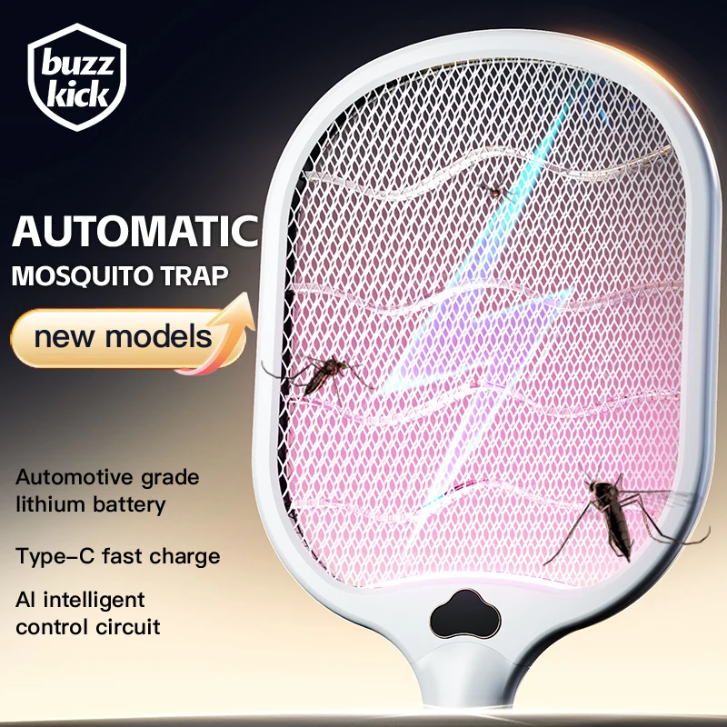 

Electric Fly Swatter Racket 3500V buzzkick Bug Zapper Racket Dual Modes Mosquito Killer with Purple Mosquito Light Rechargeable