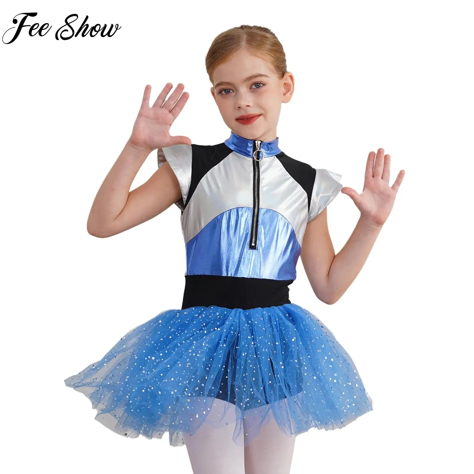 

Kids Girl Alien Dress Halloween Robot Future World Cosplay Costume Cheerleading Dance Uniform Shiny Spangles Tutu Leotard Dress