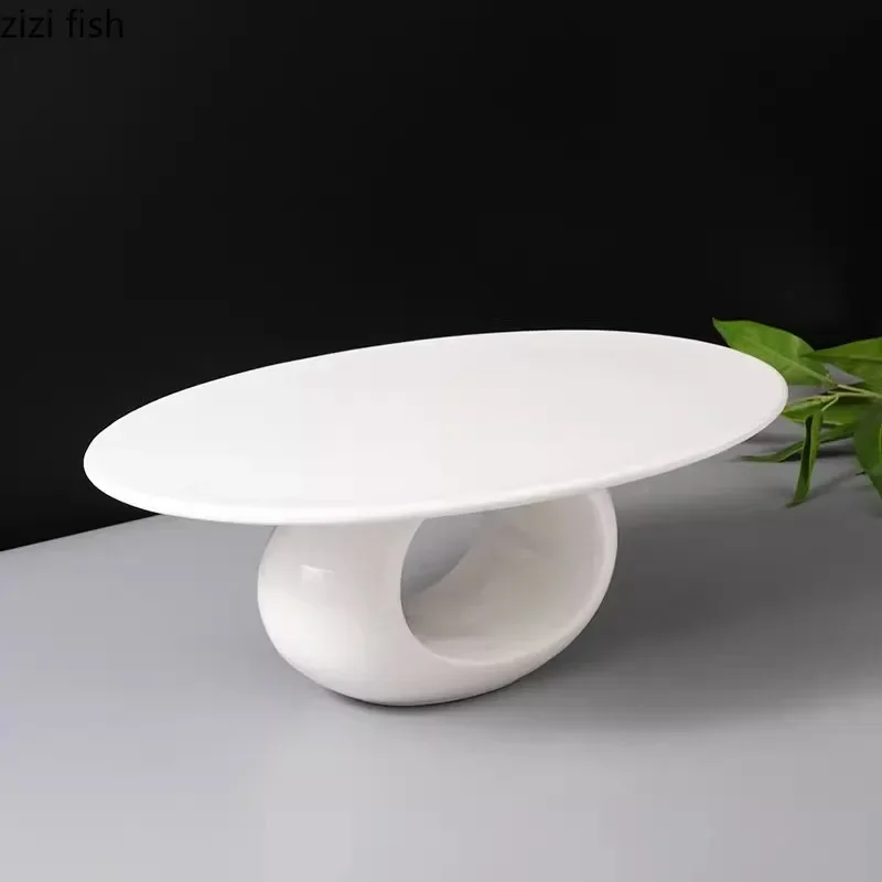 Creative High Foot Ceramic Dinner Plate Pure White Oval Flat Plate Dessert Display Plate Sushi Dish Molecular Cuisine Tableware