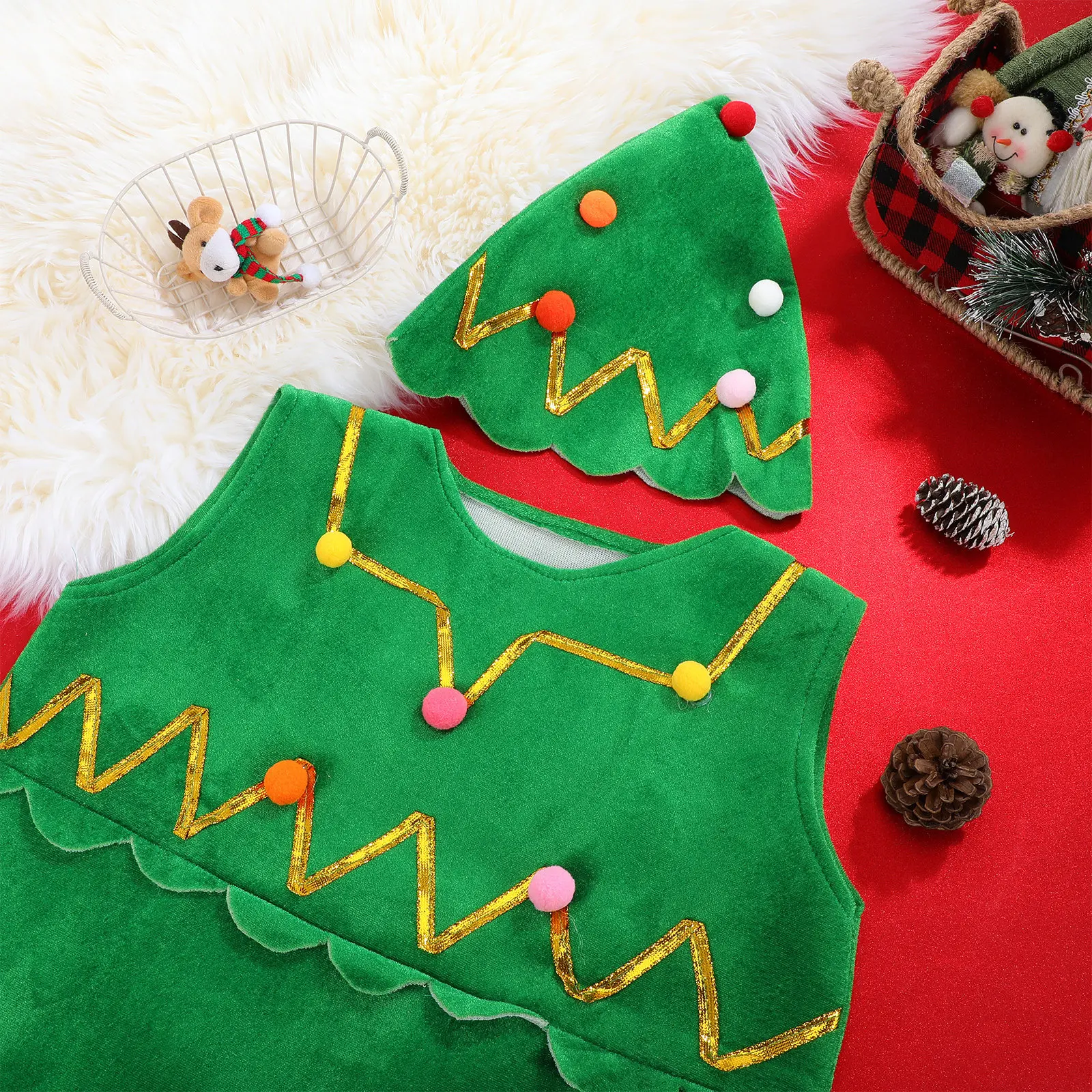 

Christmas Tree Costume Dress Hat Set Stretchy Holiday Party Performance Outfit For Kids Adults Masquerade Cosplay Wear