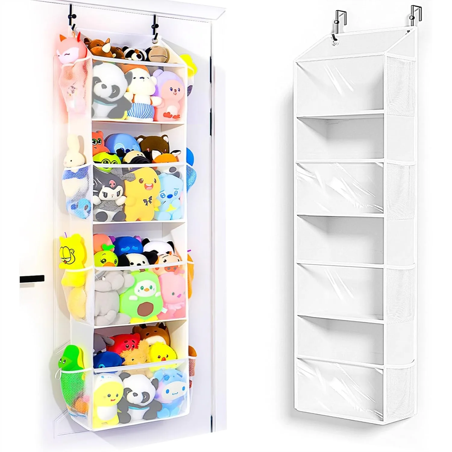 

Over the Door Stuffed Animal Storage, Holds 75 lbs, Clear Shelves for Easy Access, White