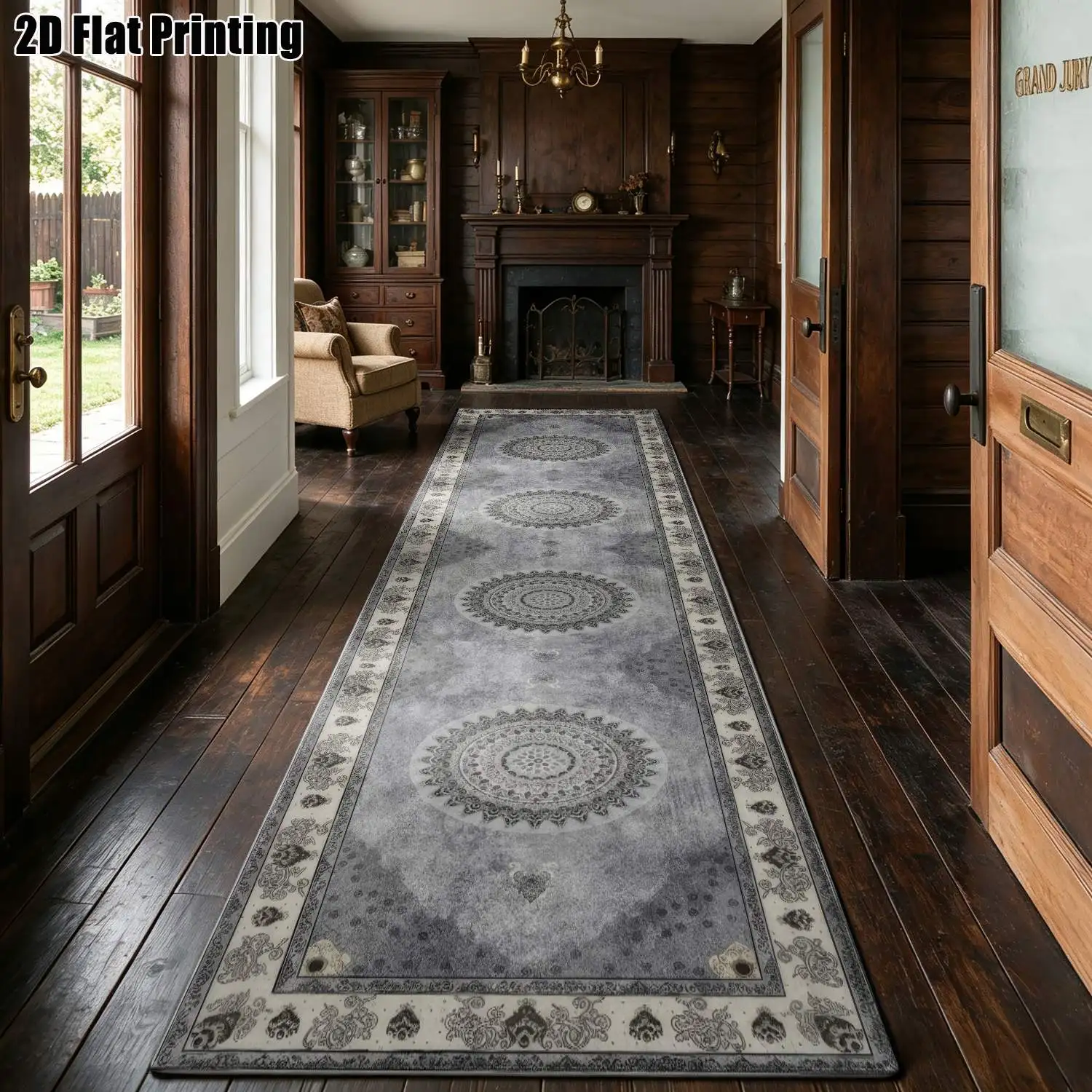 1Pc 2D Printed Strip-Shaped Runner Rug: Blue-Gray Geometric Round Patterns Nordic/Modern Minimalist/European/Retro Style, Home Decor, Multi-Size, Machine Washable, Suitable for Entryway, Hallway, Living Room, Bedroom.