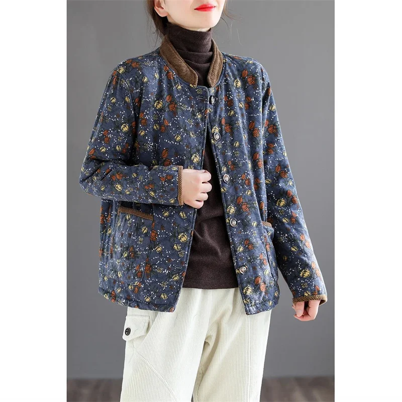 Women High-end Cotton Jacket Women Autumn Winter Korean Foreign Style Warm Cotton Coat Mothers Printed Stitching Cotton Jacket