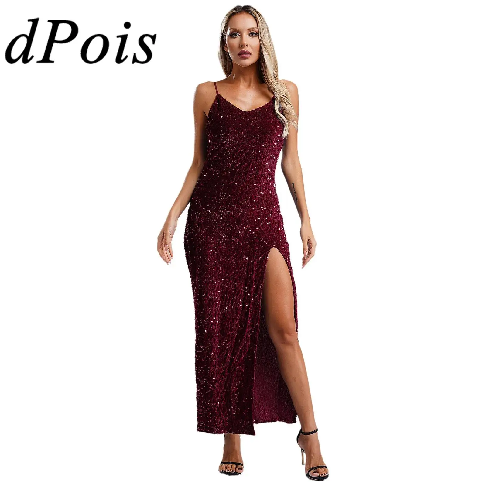 Camis Dress for Women V Neck Sleeveless Sequin Glitter Wrap Dress Evening Cocktail Party Maxi Dresses Side Slit Vestido Feminino