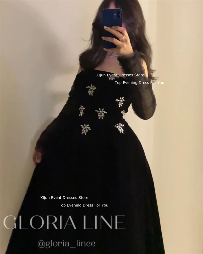 Xijun Black Velvet A-Line Evening Dresses Crystal Formal Saudi Arabric Prom Dresses Luxury Prom Gowns Party Dresses For Women