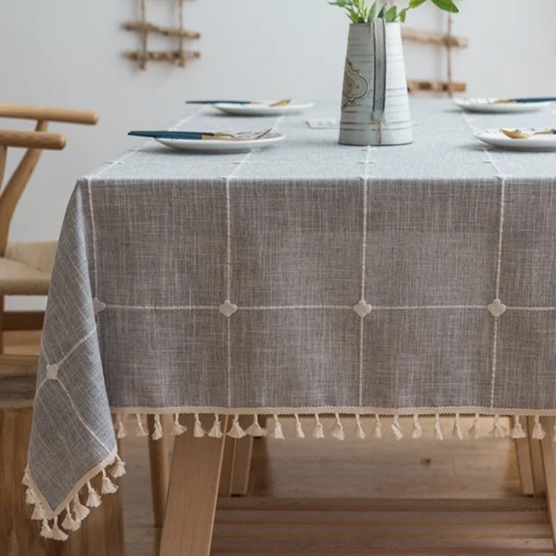 Grey Large Square Embroidery Tassel Tablecloth,Cotton Linen Dust-Proof Checkered Table Cover,for Kitchen Dinning Tabletop Decor