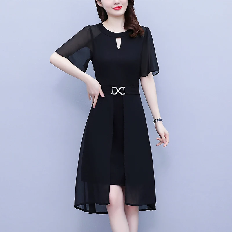 

L-5XL Summer Dresses New 2025 Fashion O-Neck Short Sleeved Chiffon Dress Elegant Loose Black Knee Length Vestidos