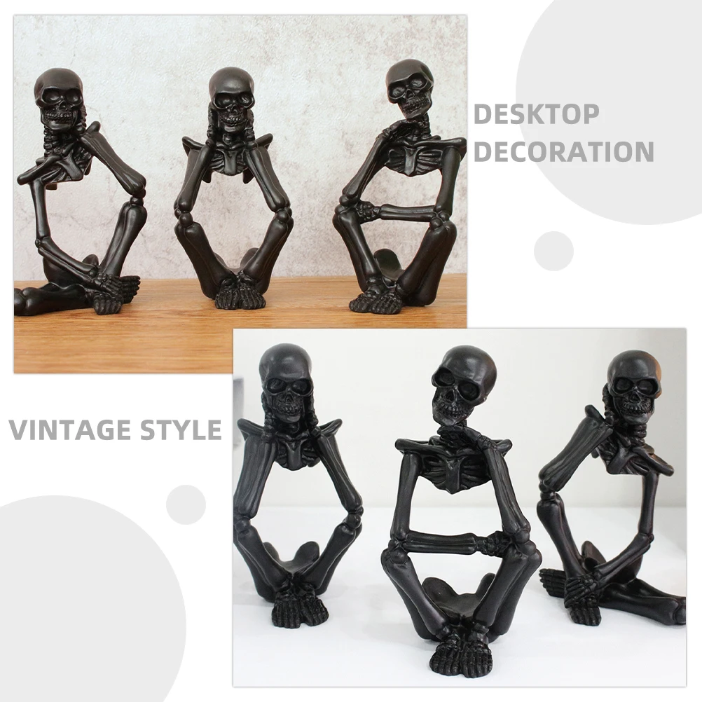 

3 Pcs Halloween Decorations Indoor Thinker Set Party Desktop Resin Statue Style Black Office