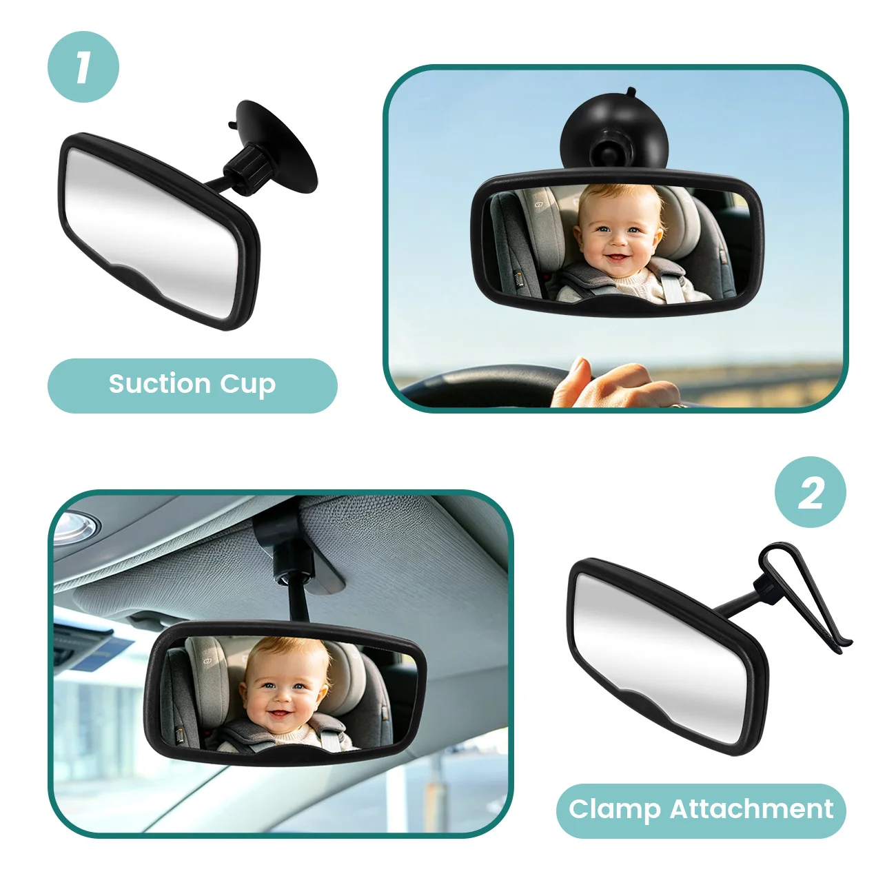 2-in-1 Baby Car Mirror, 360° Swivel Shatterproof Acrylic Rear View Mirror for Infant Safety, Easy Install Suction/Clip Mount