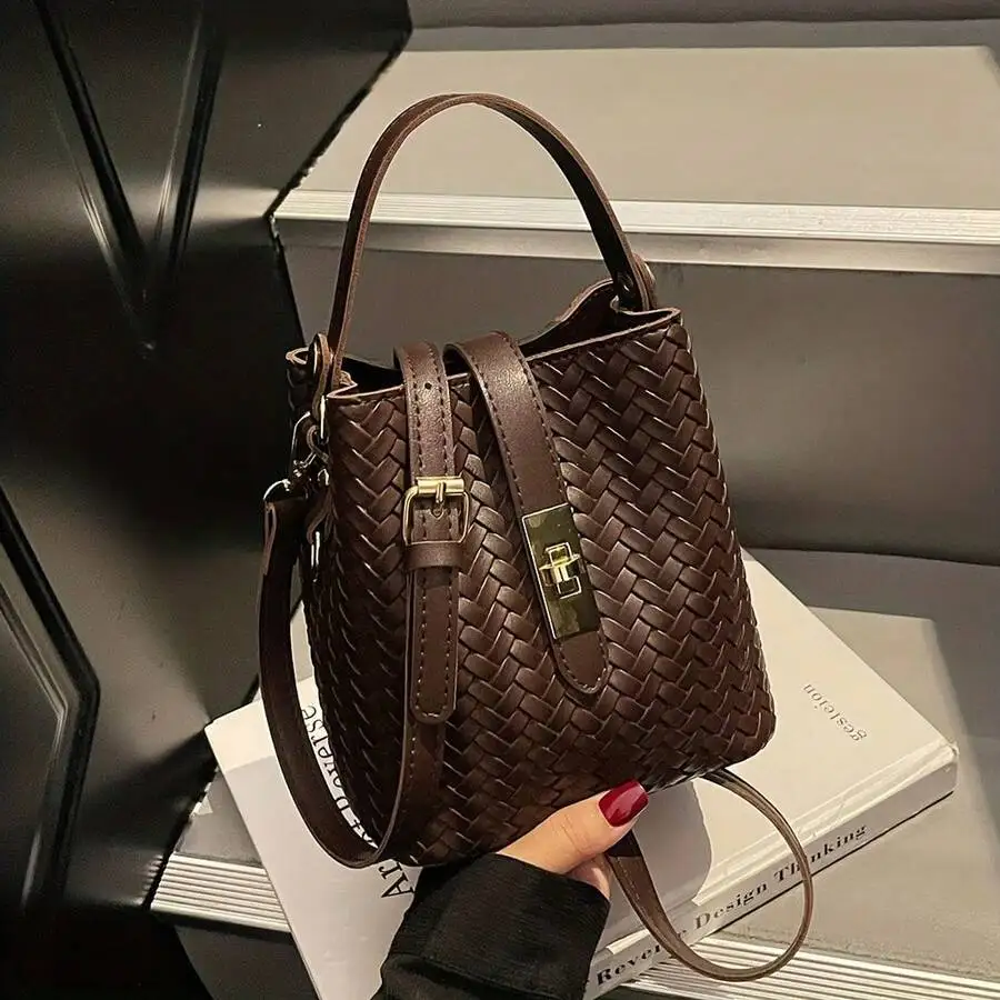 

Womens Vintage Woven Bucket Bag With Lock Buckle Small Shoulder Crossbody Handbag