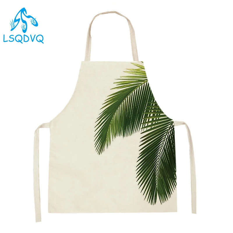 Tropical Plants Pattern Cleaning Aprons Green Leaves Print Home Cooking Kitchen Apron Women Men Linen Pinafore Adult Bibs