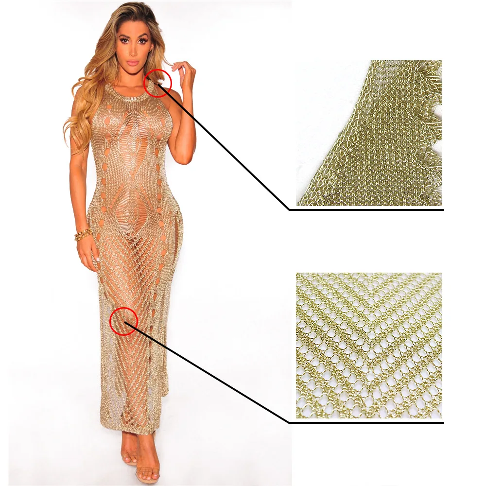 Sexy Sleeveless See Through Gold Metallic Distressed Knitted Beach Dress Covers Women Stretchy Mesh Dress Clubwears maxi dress