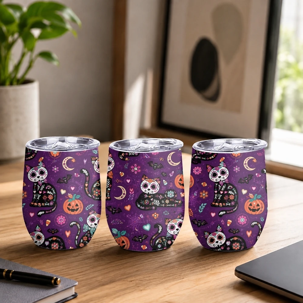 Spooky Calavera Cats Vacuum Flasks 12oz Insulated Stainless Steel Mug with Lid Double Wall Vacuum Hot Cold Drink Cup