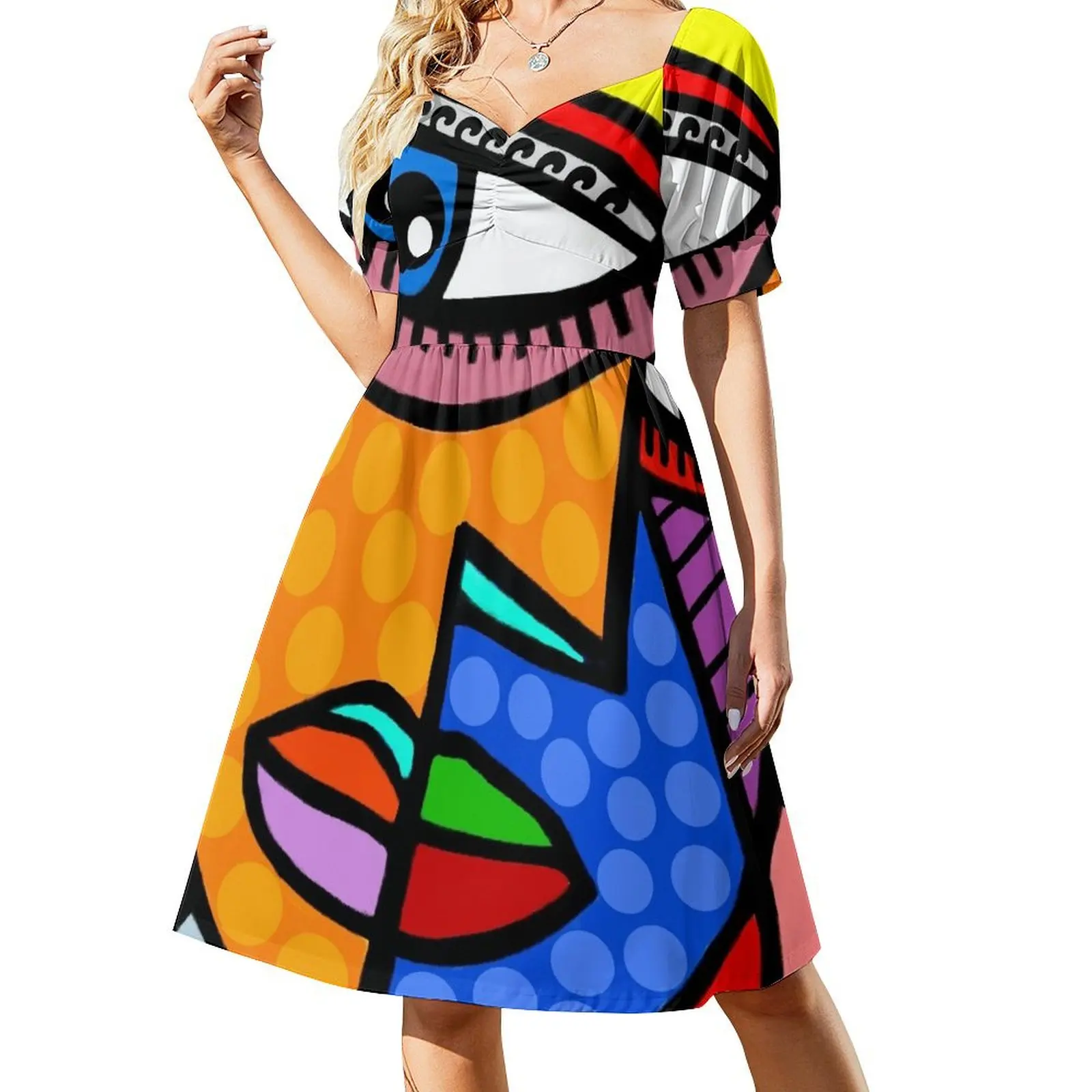 

Funky Abstract Style Art Face with Dots and Stripes Short Sleeved Dress summer dresses Dress