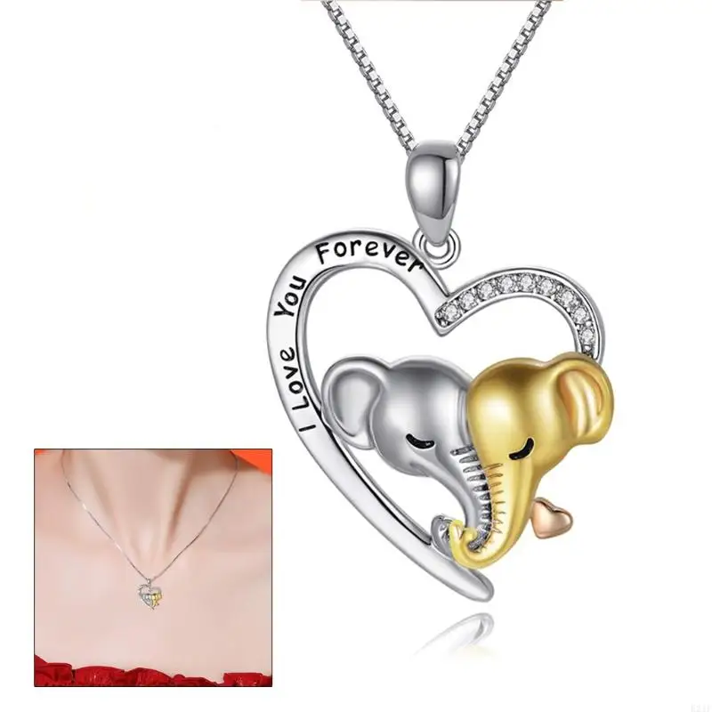 E21F Mom and Baby Lucky Elephant Necklace Mother Daughter Heart Pendant Silver I Love You Forever Mother'Day Gifts for Women