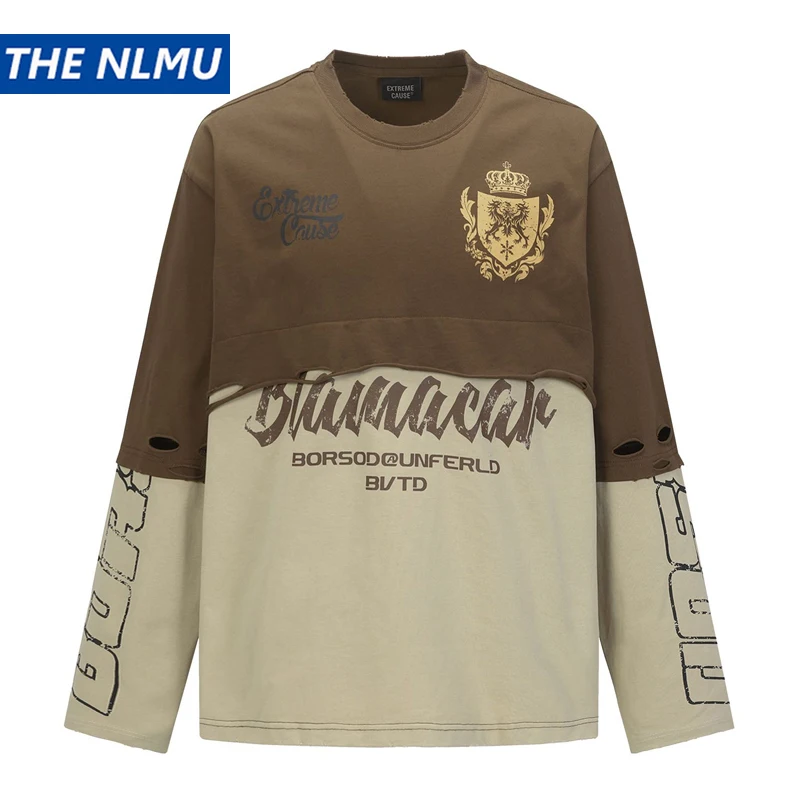 

Vintage Long Sleeve T-Shirt Y2K Letter Graffiti Printed Fake two Pieces T Shirts Unisex Streetwear Men Punk Gothic Tops