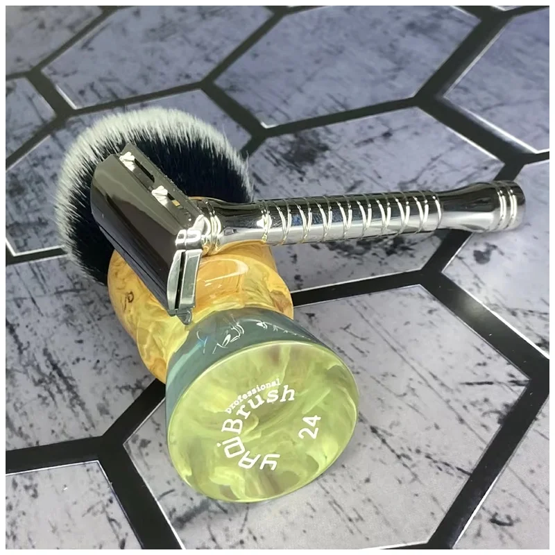 YAQI Soft Dense Bristles Shaving Brush Wood Grain Resin Transparent Green Base Unique Two-Tone Wet Shaving for Men Mens Gift
