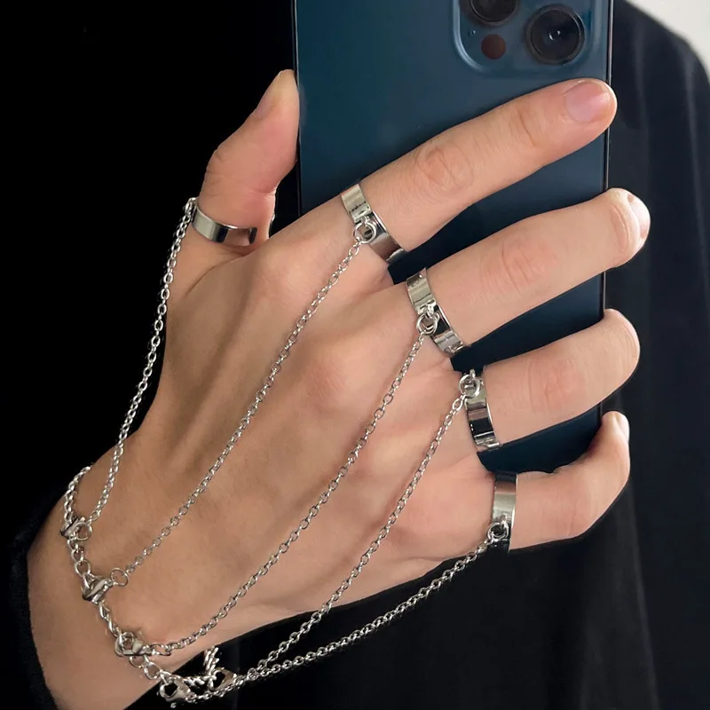 Fashion Finger Ring Bracelet for Men & Women Adjustable Open Band Ring with Connecting Chain Trendy Hip Hop Street Style Jewelry