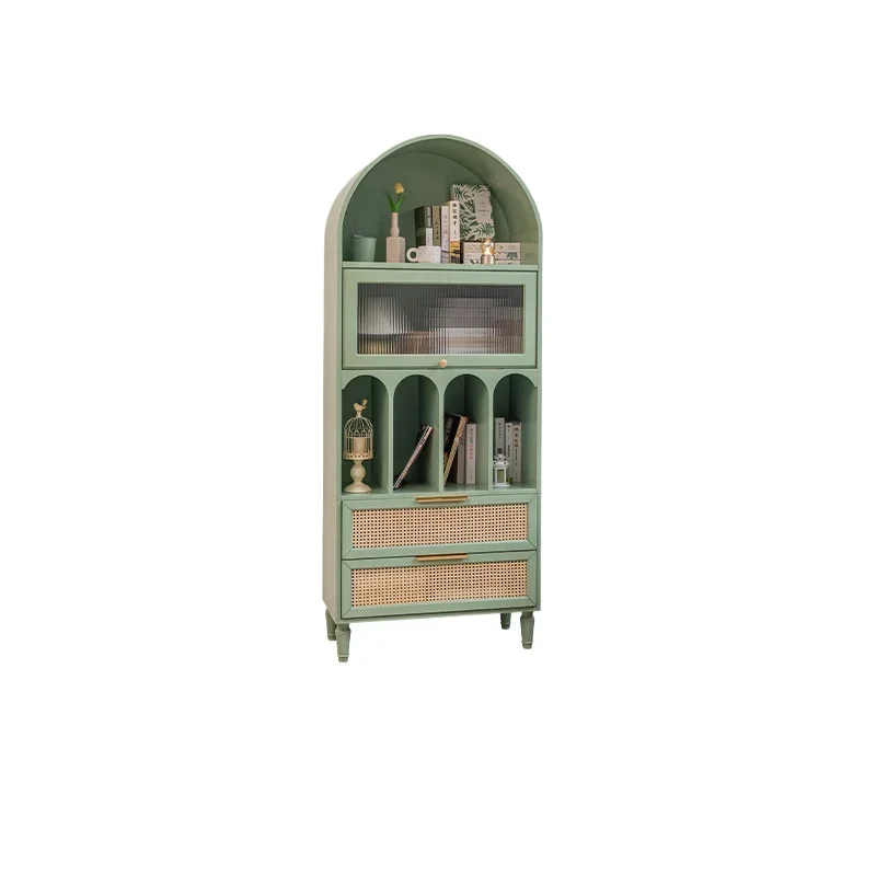 

American country solid wood Nordic dining side cabinet, black arched glass door decorative bookshelf