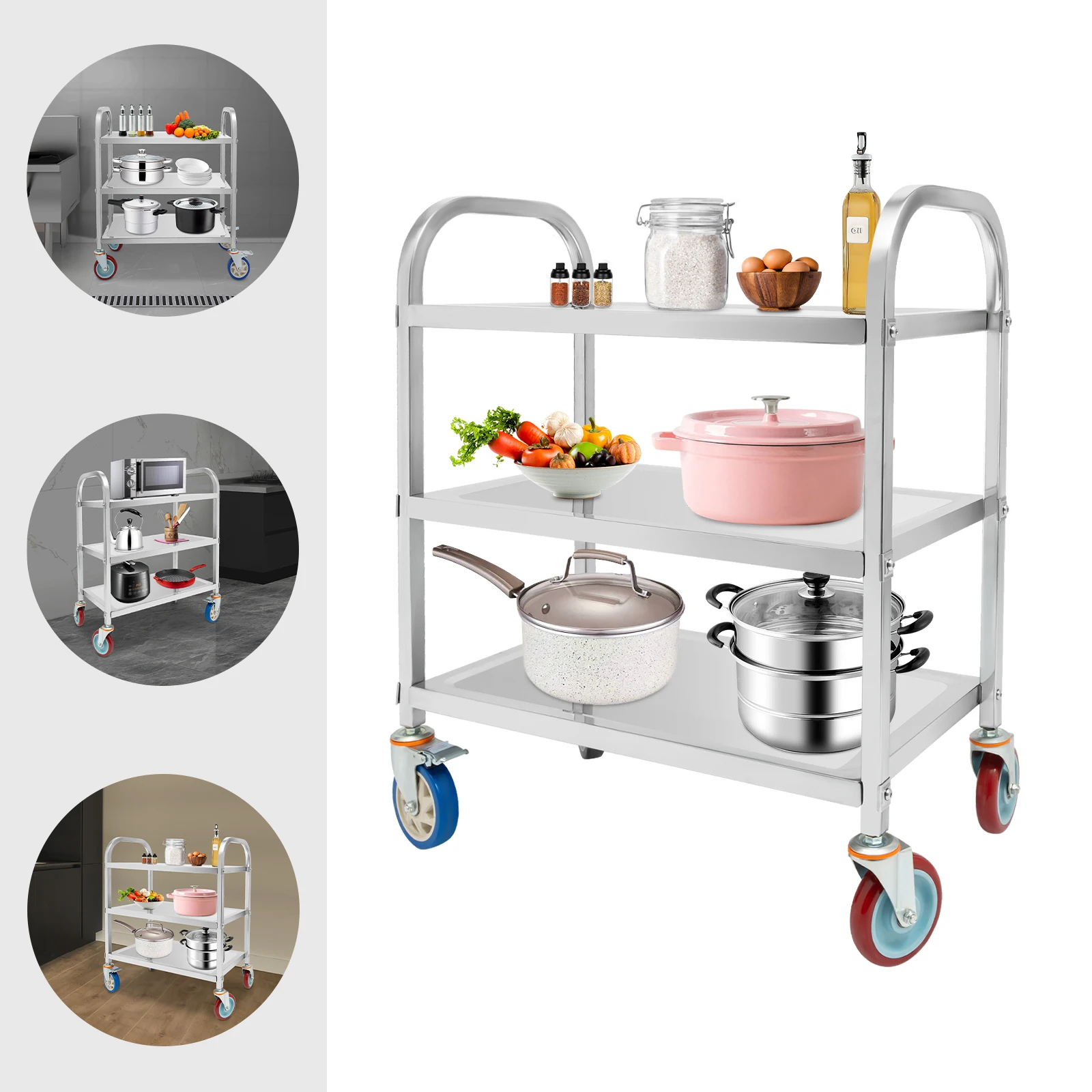 3 Tier Stainless Steel Kitchen Trolley Cart Utility Serving Storage Rolling Car Shelf, Kitchen Trolley Car