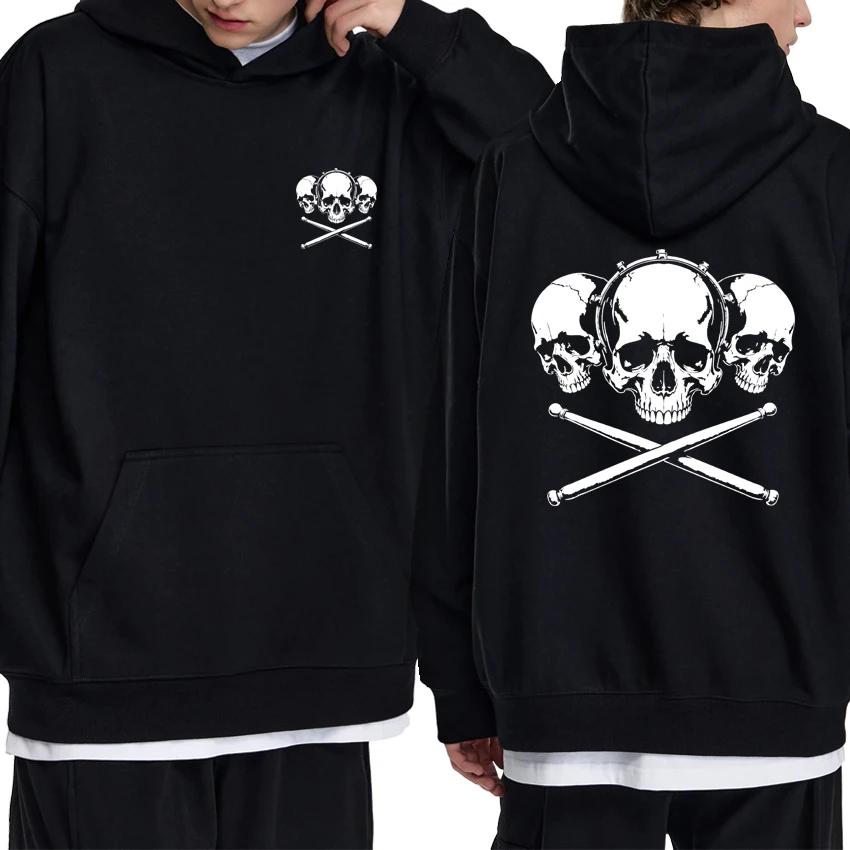 

Hot Gothic Rock Band Skull Drummer Double Sided print streetwear Men women Fleece black Hoodie Unisex vintage Casual pullovers
