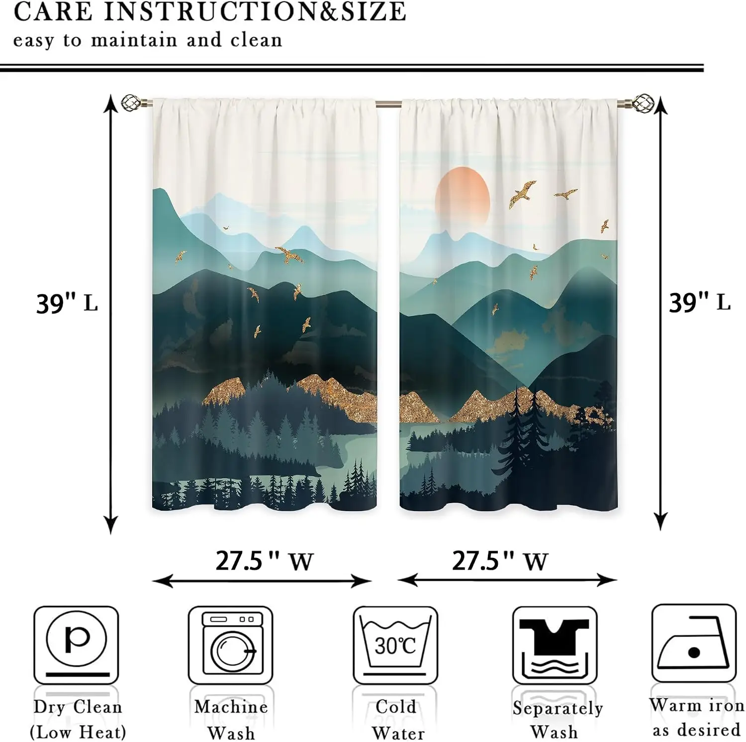Aesthetic Mountain Landscape Curtains Blue Green Abstract Window Drapes 2pcs Gradient Living Room Decor Panel Curtain