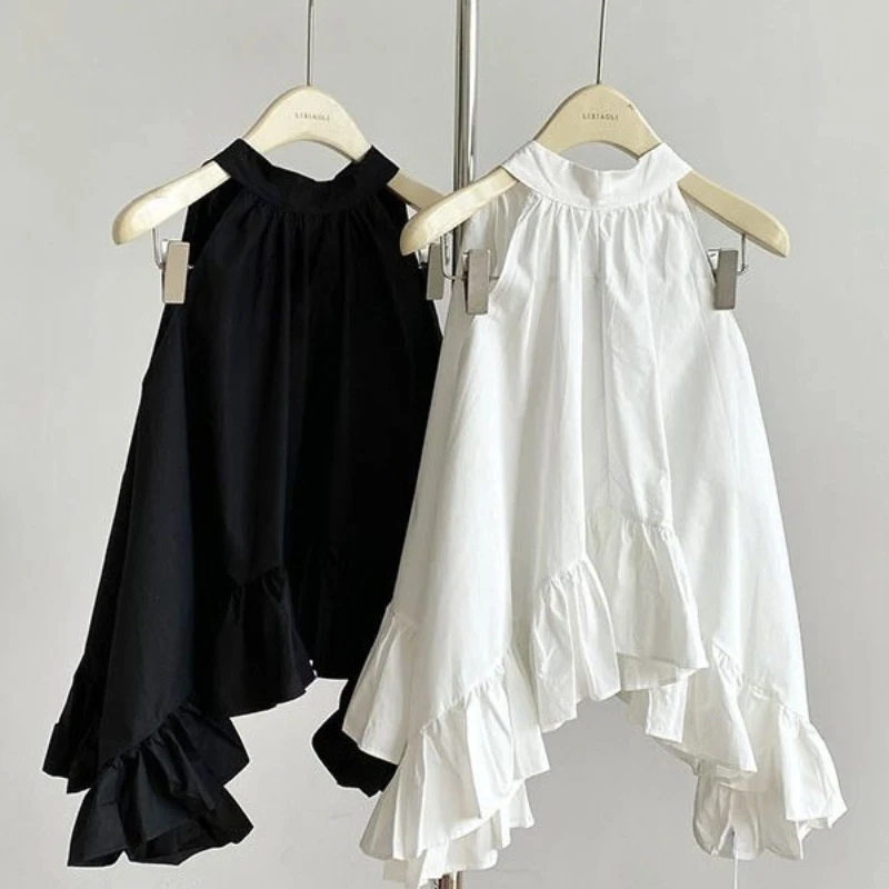 

Women's Ruffled Tops Round Neck Sleeveless Back Button Loose Hem Shirt Spring Summer New Casual Loose Solid Color Chic Tops