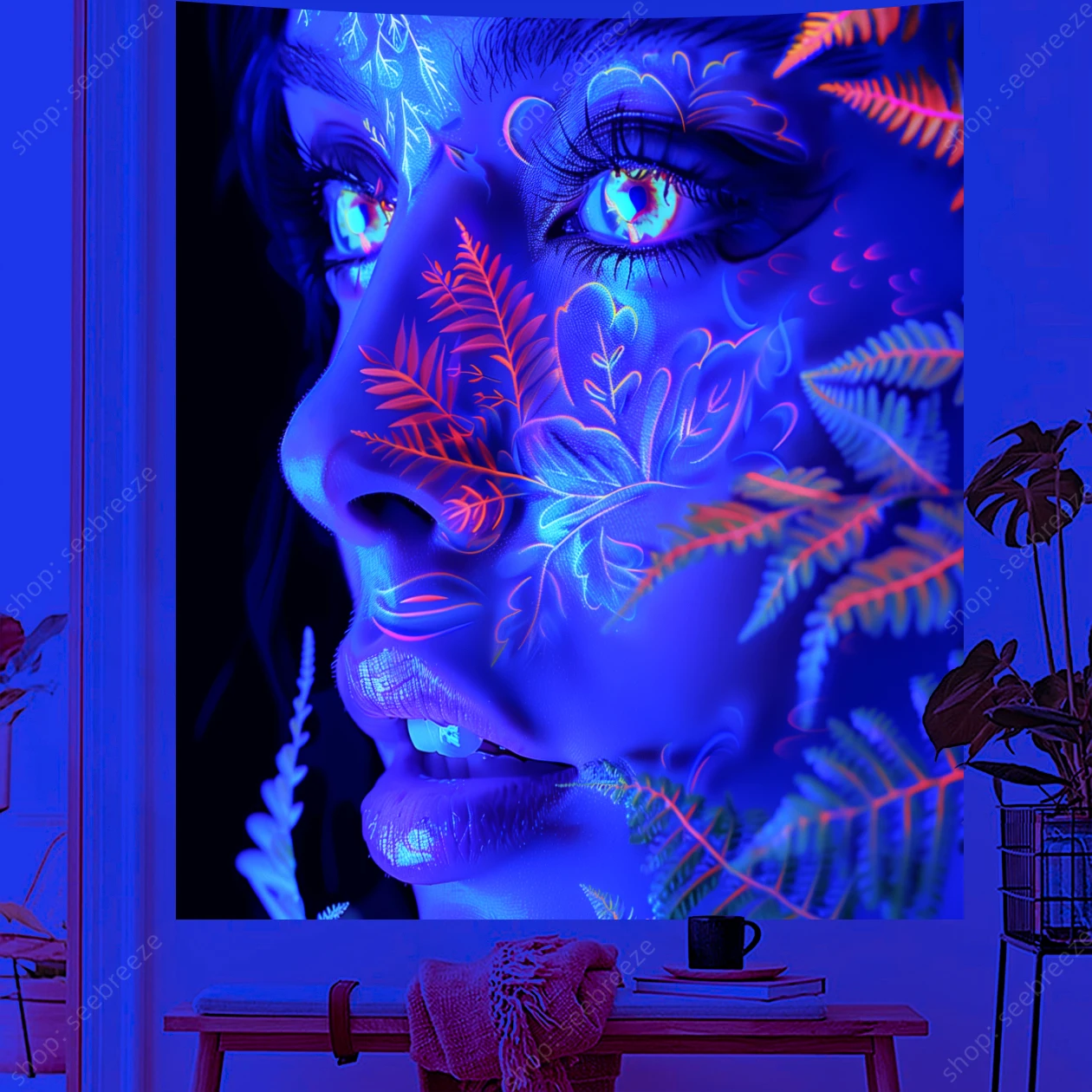 The Face of Beautiful Woman UV Reactive Tapestry Pteridophyte Neon Backdrop Wall Tapestry Room Decor Aesthetic Gift for Friends